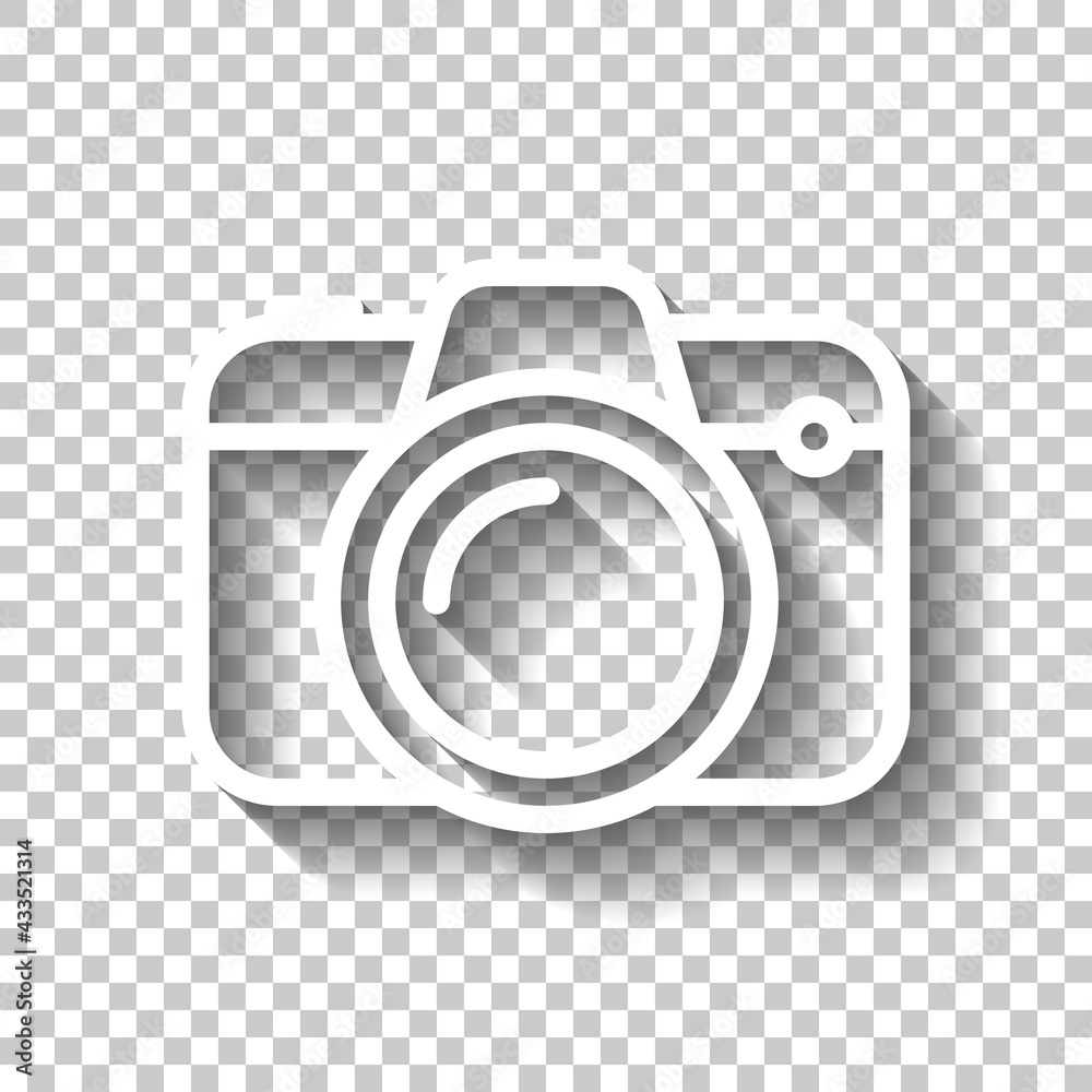 Photo camera, simple digital icon. White linear icon with editable stroke and shadow on transparent background - obrazy, fototapety, plakaty 