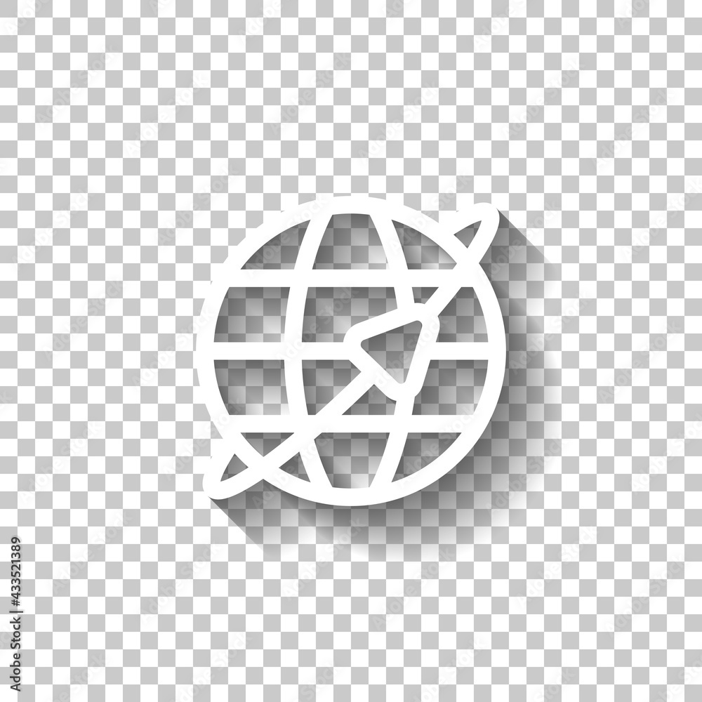 Obraz premium Globe and plane, air travel, around the world, simple business icon. White linear icon with editable stroke and shadow on transparent background