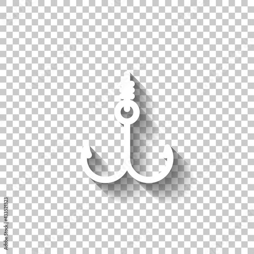 Fishing hook, simple icon. White linear icon with editable stroke and shadow on transparent background