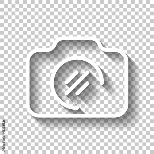 Photo camera, simple digital icon. White linear icon with editable stroke and shadow on transparent background