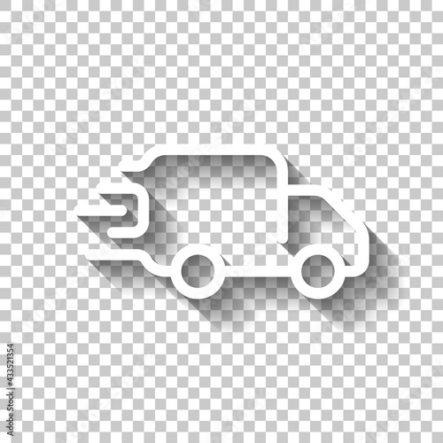 Delivery track, fast shipping, simple icon. White linear icon with editable stroke and shadow on transparent background