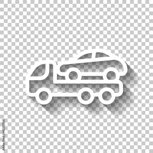 Car towing Truck, service for drivers, simple icon. White linear icon with editable stroke and shadow on transparent background