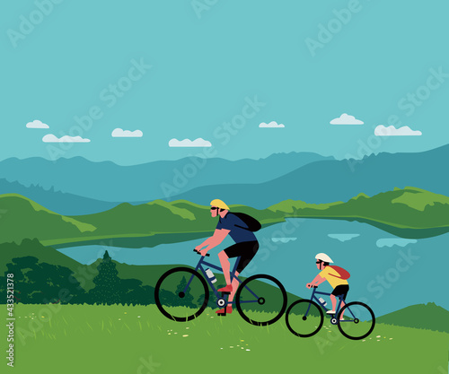 Dad, Son Ride Bicycles in Mountain Valley vector. Father, kid child sport adventure cute cartoon. Family together active lifestyle, summer nature outdoor background. Parent, child biking illustration