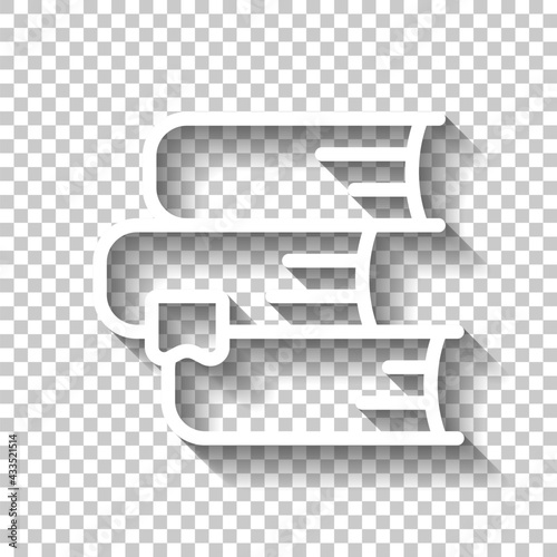 Stack of books, library on the shelf, open knowledge, simple icon. White linear icon with editable stroke and shadow on transparent background