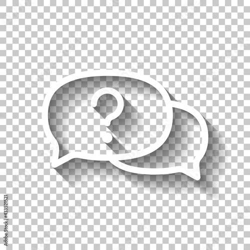 Question mark in bubble, simple icon of faq or chat. White linear icon with editable stroke and shadow on transparent background
