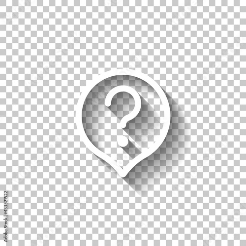 Question mark in bubble, simple icon of faq or chat. White linear icon with editable stroke and shadow on transparent background