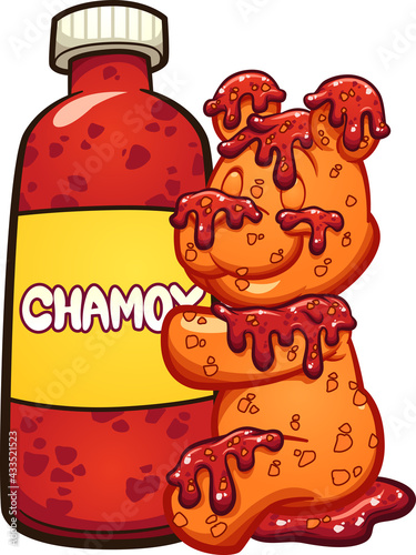 Gummy bear hugging a bottle of chamoy sauce. Vector clip art illustration with simple gradients. Some elements on separate layers.
