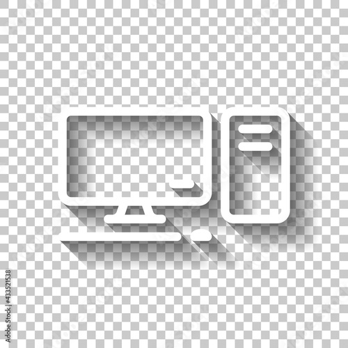 Fototapeta Naklejka Na Ścianę i Meble -  Desktop computer, simple icon. White linear icon with editable stroke and shadow on transparent background