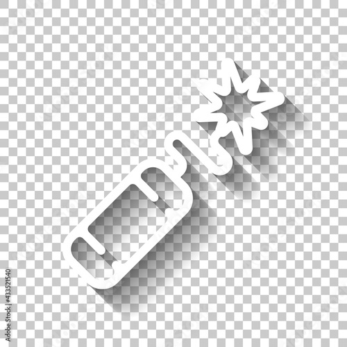 Dynamite with fuse, simple icon. White linear icon with editable stroke and shadow on transparent background