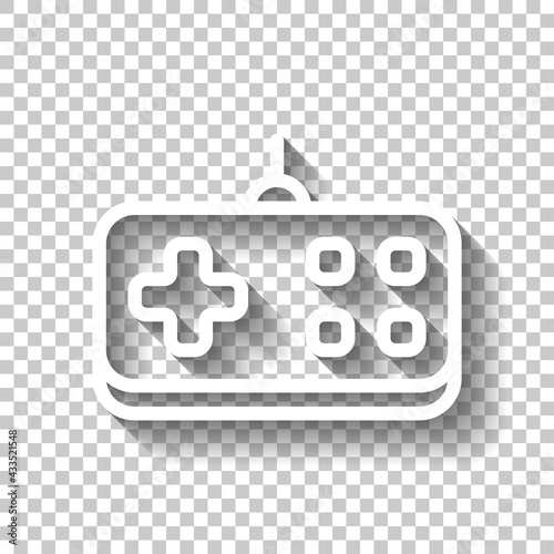 Joystick of video console, game controller, simple icon. White linear icon with editable stroke and shadow on transparent background