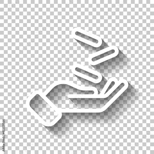 Hand and money, giving a cash, simple icon. White linear icon with editable stroke and shadow on transparent background