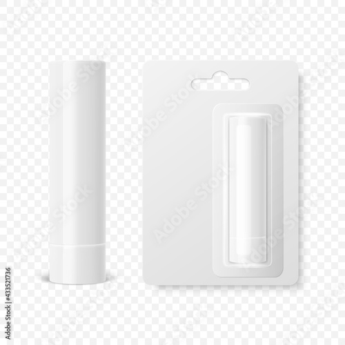Vector Realistic 3d White Blank Closed Lip Balm Stick, Hygienic Lipstick and Blister Packaging Set Isolated. Design Template for Graphics, Vector Mockup. Cosmetic, Beauty, Makeup Concept. Front View