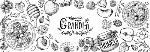 Granola ingredients illustration. Oat flakes , berries, fruits and nuts hand drawn sketch. Granola Breakfast top view frame. Muesli food menu design. Hand drawn vector illustration. Granola design
