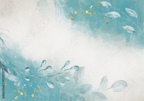 Fototapeta Naklejka Na Ścianę i Meble -  Pale blue leaves with golden dust - botanical design banner. Floral pastel watercolor border frame.