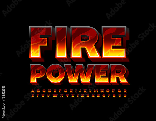 Vector industrial concept Fire Power. Bright textured Font. Flaming Alphabet Letters and Numbers set