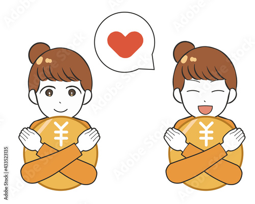 女性　お金を抱きしめる