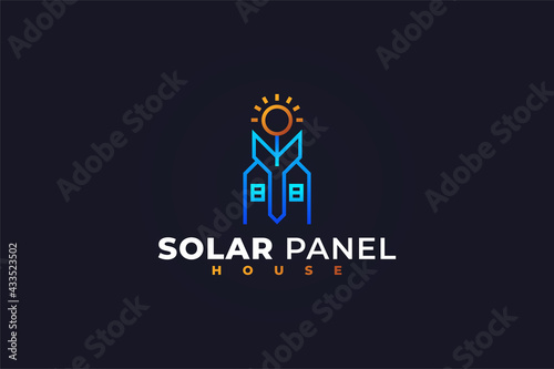 Solar Panel House Logo with Sunshine. Usable for Business and Branding Logos