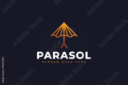 Beach Umbrella Logo with Vintage Style in Linear Concept. Parasol Logo Design Template. Usable for Business and Branding Logos