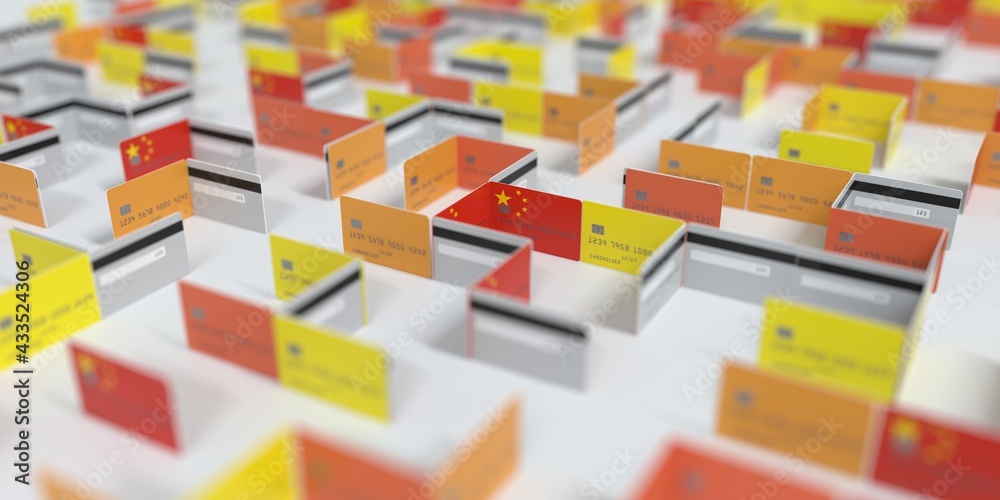 Fictional credit card maze with flag of China. Financial difficulties related 3D rendering Fictional credit card maze with flag of China. Financial difficulties related 3D rendering
