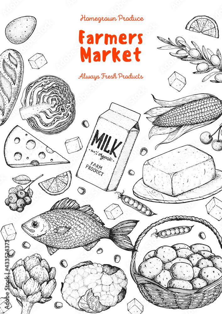 Vector sketch poster for vegetables farm market Vegetables farmer market  sketch poster vector design template of fresh  CanStock