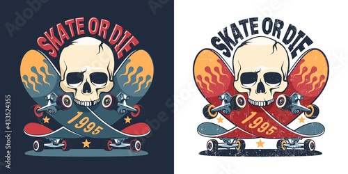 Skateboard and skull retro logo. Skate or die skater t-shirt print. Vector illustration.