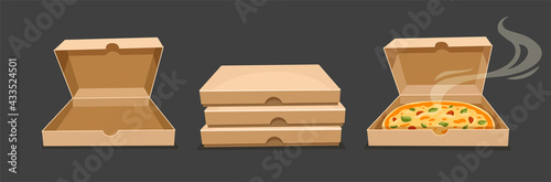 Pizza boxes. Closed and open bardboard box vector. Opened pizza fast food takeaway packaging with smoke. Simple flat style. Vector illustration.