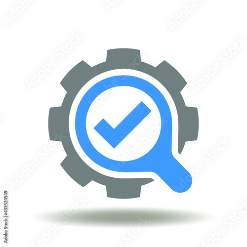 Gear with magnifying glass and check mark vector illustration. Standards Quality Control Assurance Symbol.