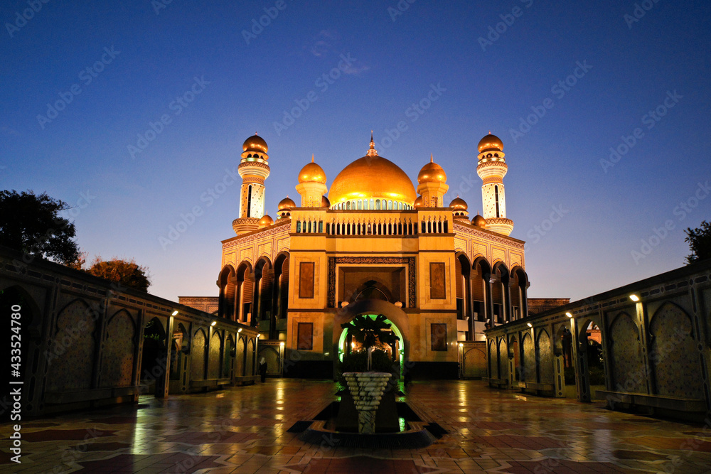 Jame' Asr Hassanil Bolkiah Mosque lighted at dusk, Bandar Seri Begawan, Sultanate of Brunei
