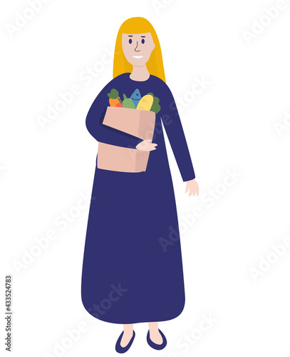 Woman with bag of products. Vector illustration for banners, flyers, web, posters, etc