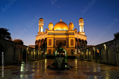 Jame' Asr Hassanil Bolkiah Mosque lighted at dusk, Bandar Seri Begawan, Sultanate of Brunei