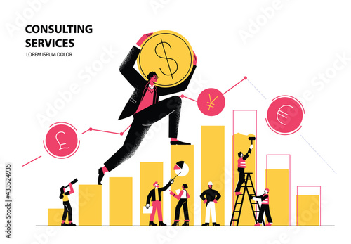 Man climbs chart, and carries Dollar Coin. Financial advisor illustration, investment management, money growth and profit chart, career growth to success, market and currency exchange, business