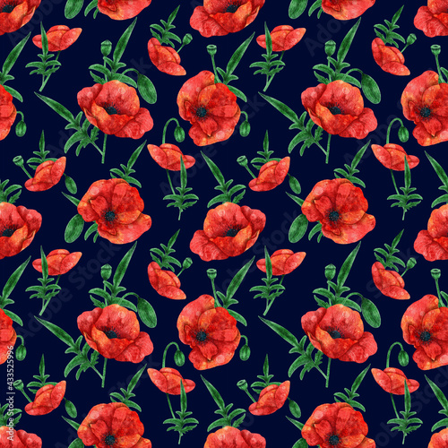 Seamless pattern with poppies on dark background © Airedi