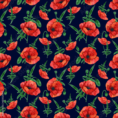 Seamless pattern with poppies on dark background