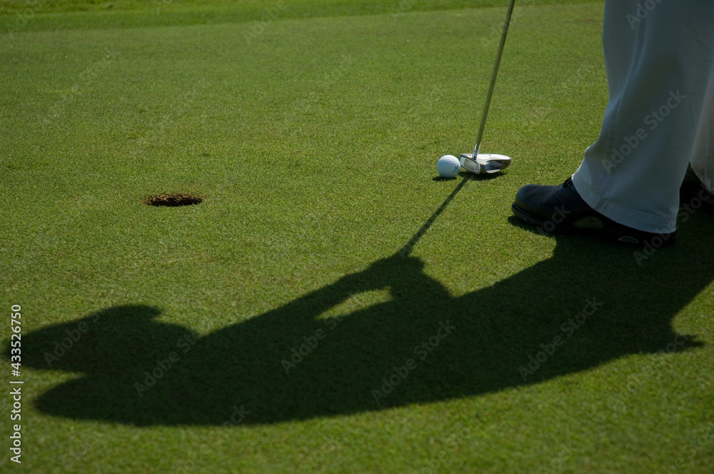 Obraz premium Detalhe de taco de golf com a bola, gramado e o buraco. Esporte ao ar livre.
