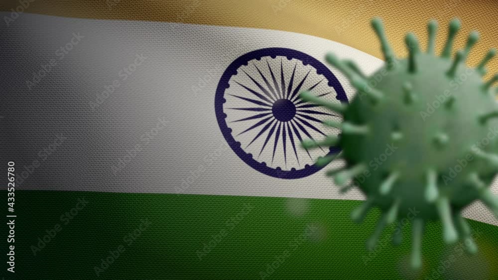 3D, Flu coronavirus floating over Indian flag, a pathogen that attacks