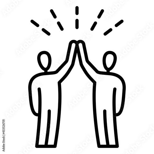 Two people rejoice at the meeting and clap the palms. Joint success, teamwork result. Vector icon, outline, isolated.