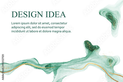 Modern watercolor background or elegant card design for birthday invite or wedding or menu with abstract mint green ink waves and golden splashes on a white.