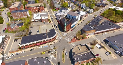 Aerial view of Medford historic center on Riverside Avenue, Salem Street and Forest Street in city of Medford, Massachusetts MA, USA.  photo