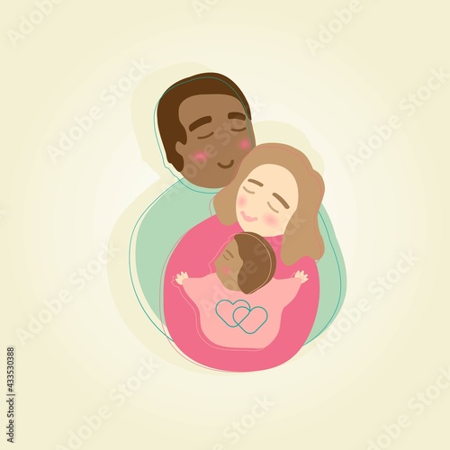 Afroamerican family father hugs mother and child