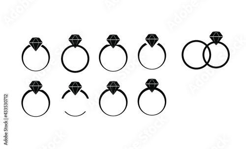 Engagement ring, vector EPS 10 logo, set diamond rings logo, isolated. Jewelry diamond ring silhouette, illustration.