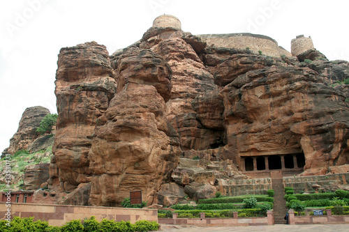 Atop rocky mountain and cave temples at Badami, Karnataka, India, Asia photo