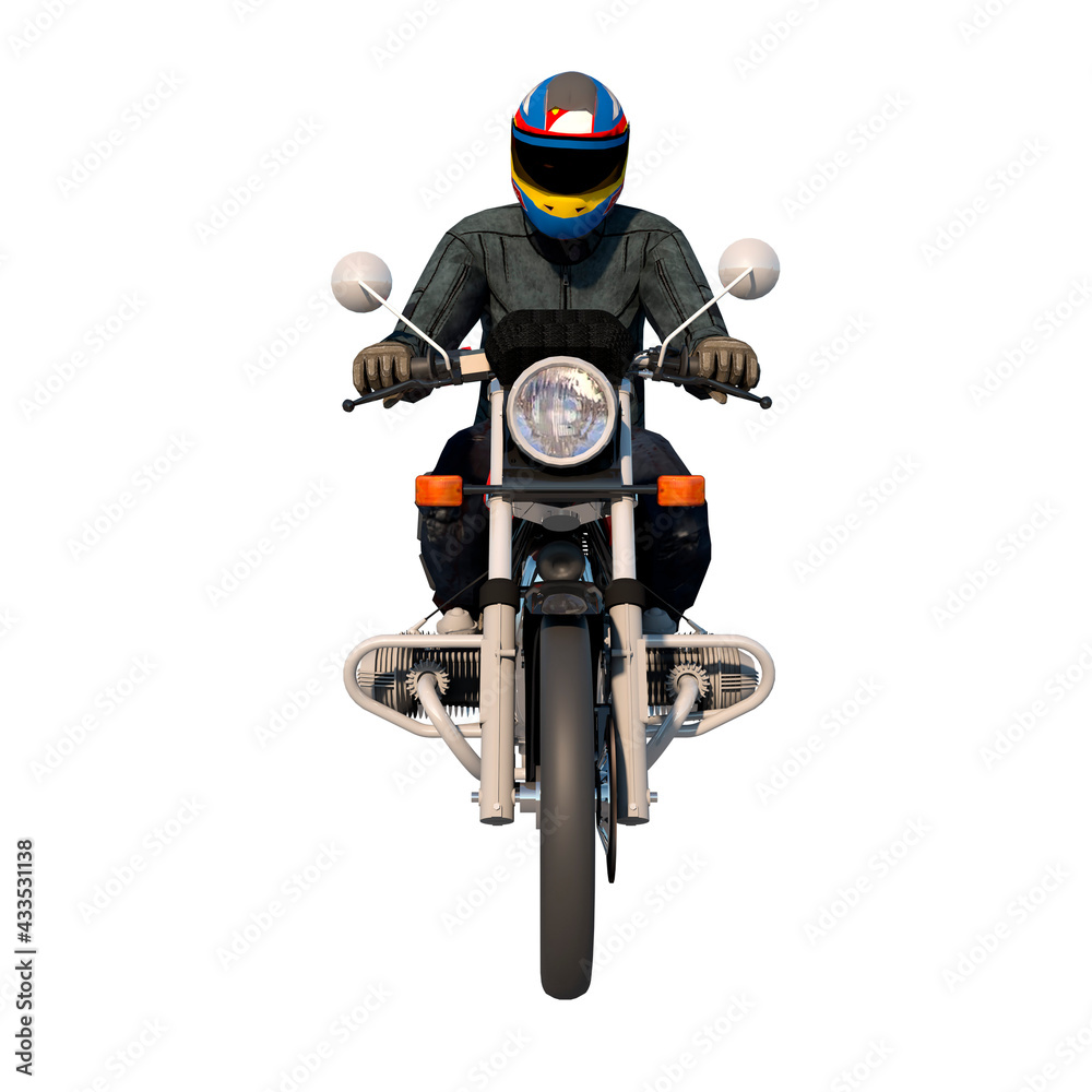 City urban motorcycle with driver 1- Front view white background 3D Rendering Ilustracion 3D