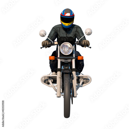 Fototapeta Naklejka Na Ścianę i Meble -  City urban motorcycle with driver 1- Front view white background 3D Rendering Ilustracion 3D