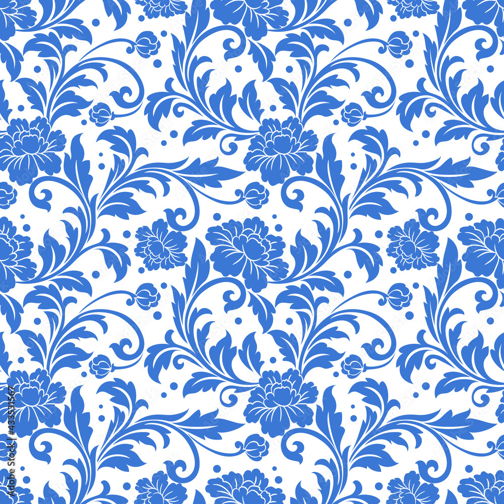 Blue monochrome  flower ornament seamless pattern.
