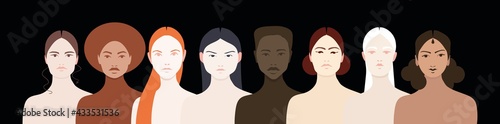 women of different cultures, nationalities and religions stand at the same level, poster about friendship of peoples, sisterhood, feminism. About gender equality and opportunities for women in society