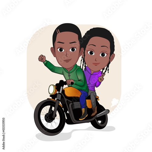 Vector illustration of a cartoon caricature of a black man riding a custom motorcycle with a woman in back isolated on a white background.