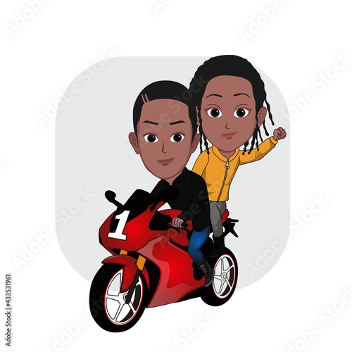 Vector illustration of a cartoon caricature of a black man riding a motor sport with a woman in back isolated on a white background.