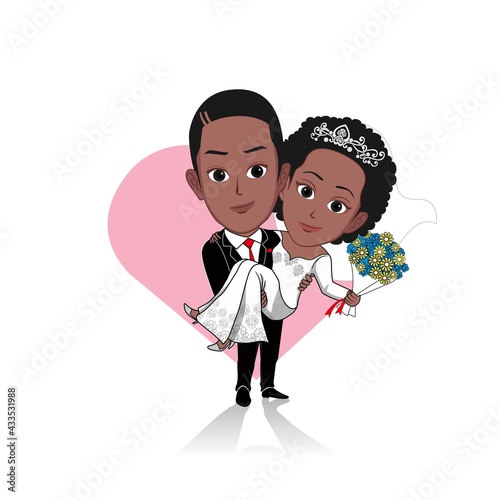 vector illustration of cartoon caricature of a black man holding his bride isolated on white background.