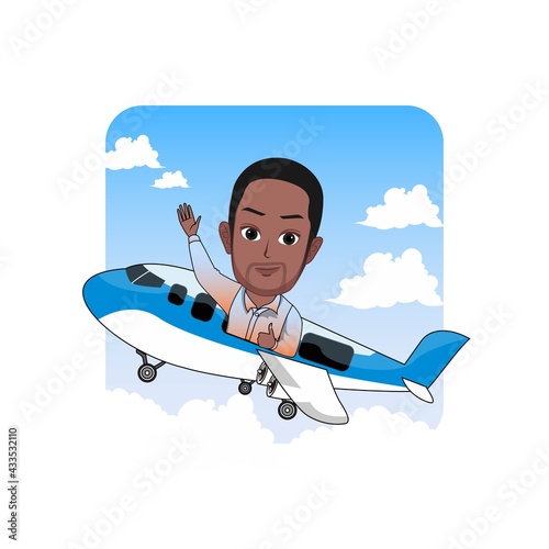 cartoon caricature vector illustration of a man in black waving his hand while boarding a commercial airplane, isolated on white background.