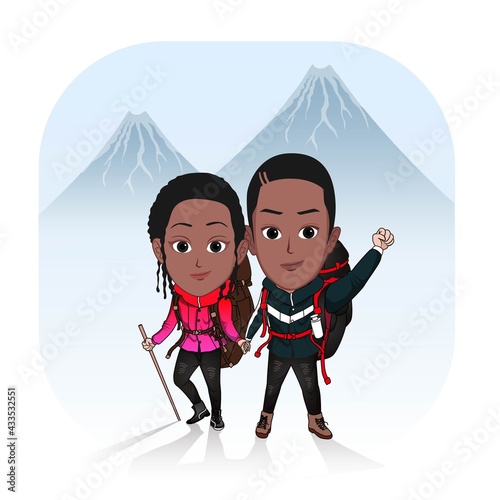 cartoon caricature vector illustration of a black man and woman climbing a mountain with mountaineer equipment and clothes with a sigh of mountain behind them.